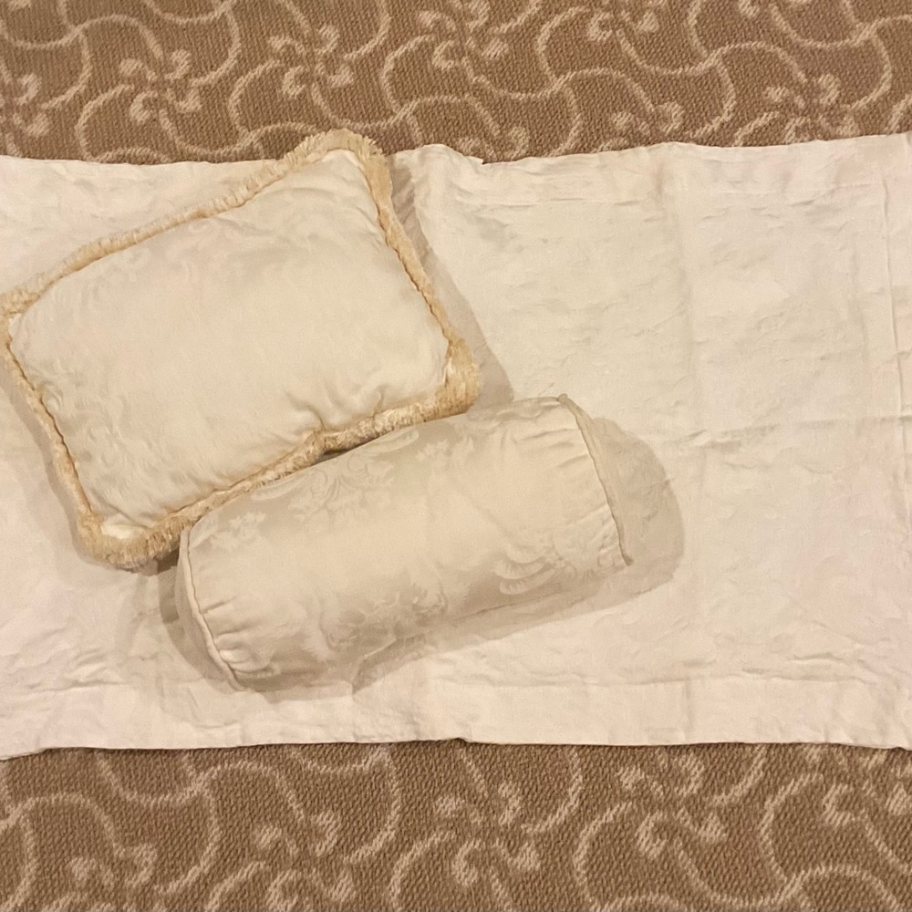 VINTAGE BILL BLASS IVORY BROCADE PILLOW AND BOUDOIR PILLOW, 14”